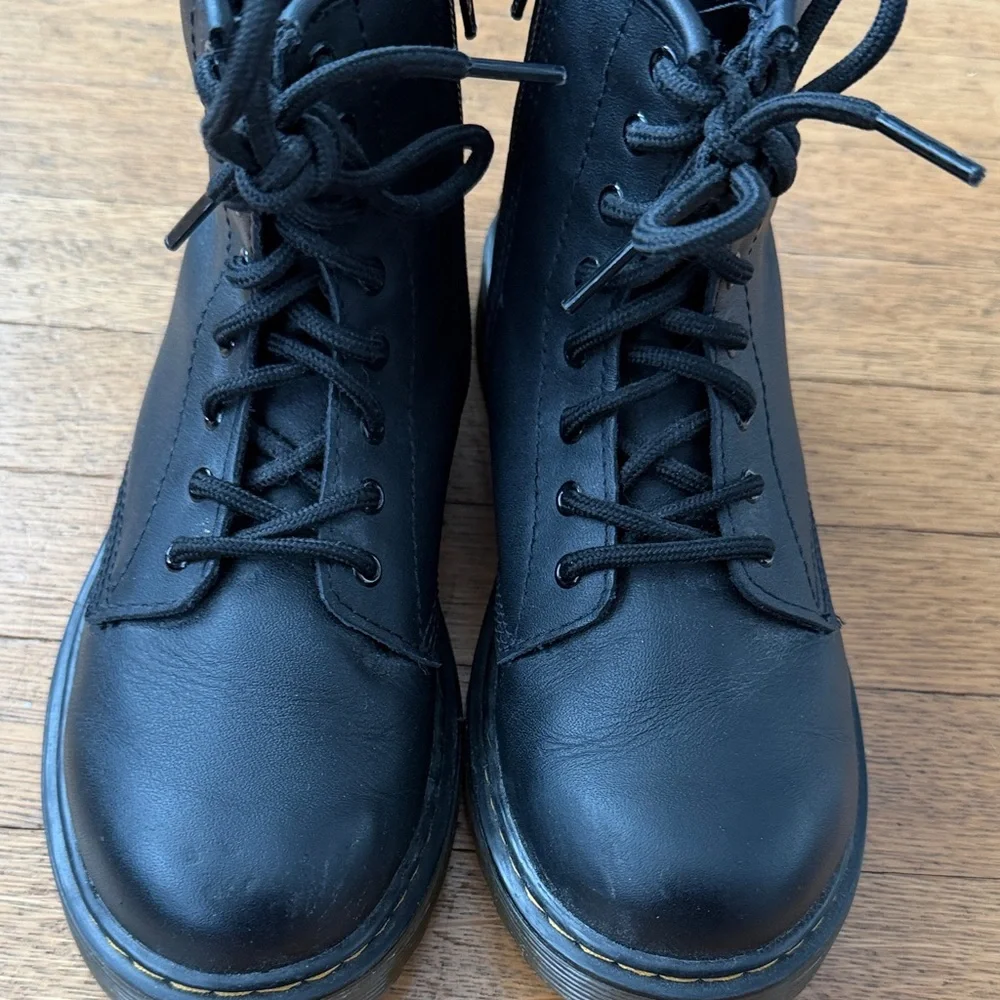 Dr. Martens Black Leather Lace-Up Ankle Boots with Yellow Stitching - Picture 2 of 10